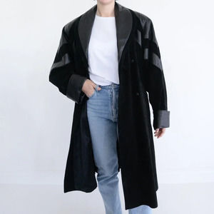 Vintage The Olde Hide House Black Leather & Suede Trench Coat